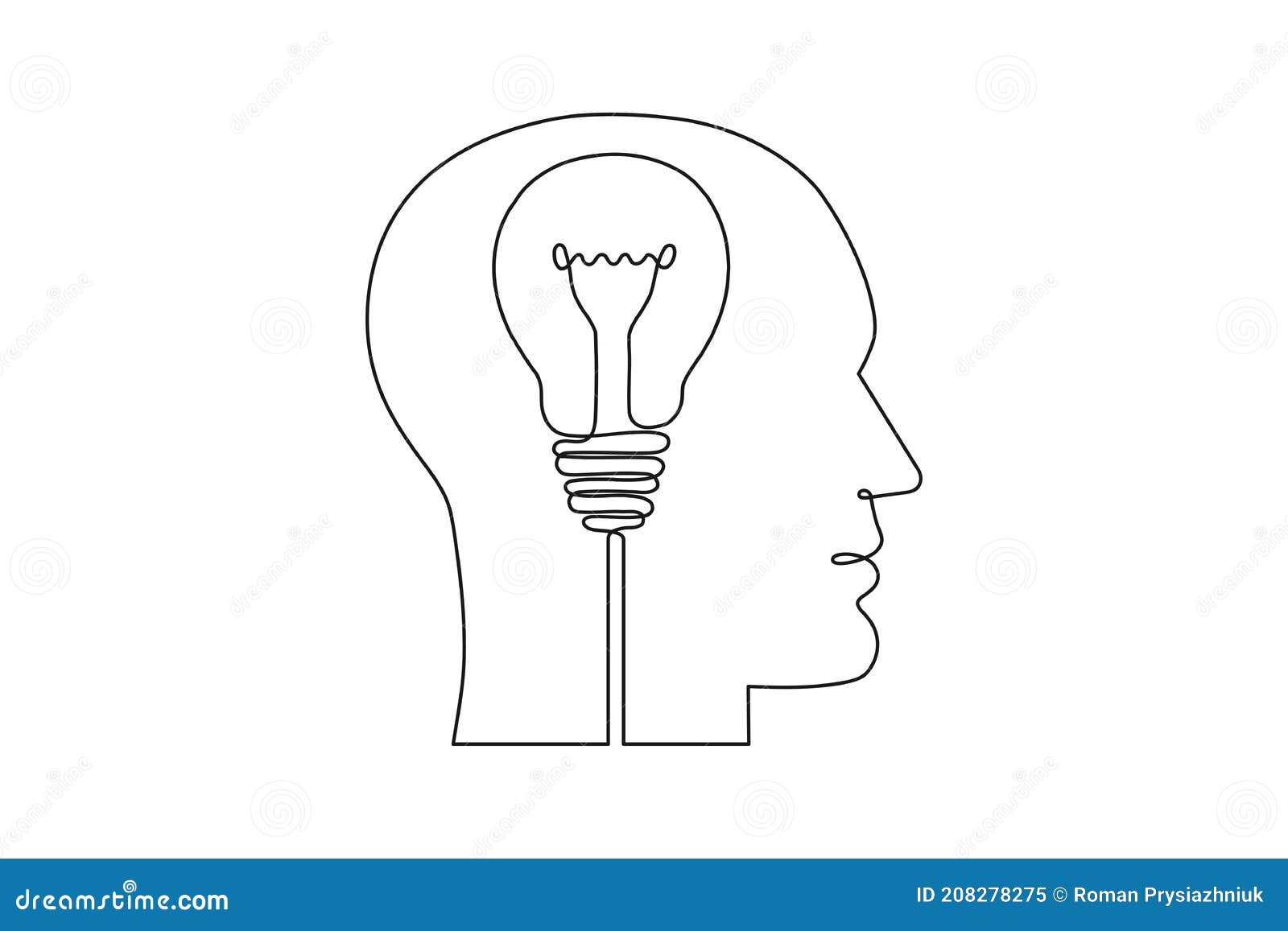 continuous one line drawing of human head and electric light bulb. concept of idea emergence. 